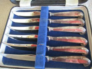 Sheffield England S Wright & Co Silver 6 Pc Steak Knives In Case