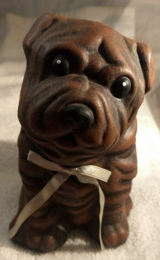 Shar - Pei Dog Figurine - Adorable - Dark Brown With Ribbon Bow - 6in Tall