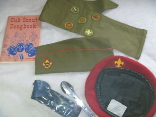 Vintage Boy Scouts Red Wool Beret Garrison Cap Hat Eagle Badges Sash Song Book