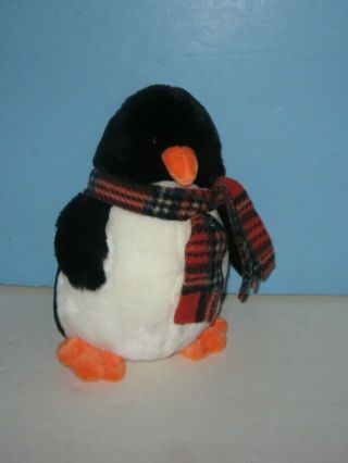 9 " Bean Plush " Chatters " The Penguin W/ Plaid Scarf - Machine Washable