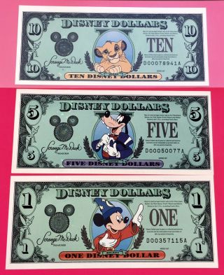 1997 D 1,  5,  10 Disney Dollars,  Set Of (3)