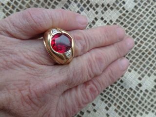 Vintage Art Deco Mens 10k Yellow Gold Lab Ruby Diamond Solitaire Ring Size 9.  25