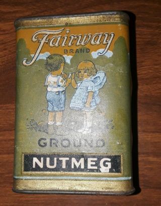 Antique Fairway 2 Oz Nutmeg Spice Tin Litho Boy& Girl