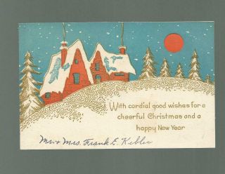 Vtg Christmas Card Arts & Crafts Orange Homes & Moon Turquoise Sky Snow Gold
