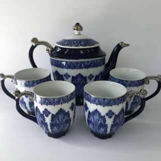 Bombay Company Grace Teapot&4 Mug Set Cobalt Blue Platinum Porcelain Coffee Tea