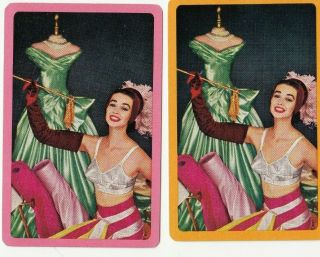 2 Swap Playing Cards Vintage Lady Displaying Ladies Bra & Dress Fabrics