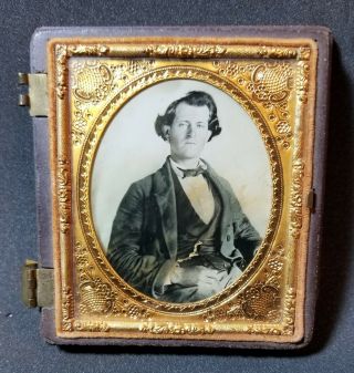 1/6th Plate Ambrotype Photo Young Man,  Suit Gold Watch,  Union Half Case