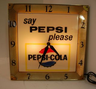 Vintage 1960s Say Pepsi Please Pepsi - Cola Lighted Advertising Wall Clock,