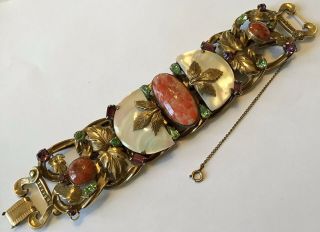 Vintage Victorian Wide Art Glass Czech Mother Of Pearl And Cabochon Bracelet
