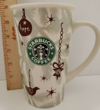 Starbucks 2010 Christmas Coffee Holiday Mug Red And White Tall 19 Oz Peace Hope
