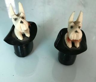Set Of 2 Vintage Celluloid Scotty Dogs Sitting In Hat Figurines