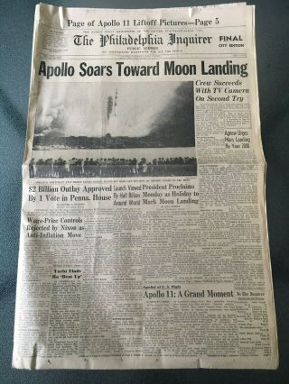 Apollo 11 Moon Launch Liftoff - Philadelphia Inquirer Newspaper - July 17,  1969