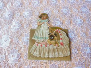 Victorian Christmas Card/cut - Out Girl With Pug Dog In Crib