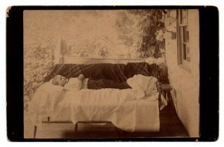 Young Boy Posed On Front Porch Feet Covered Post Mortem Unusual Cabinet Photo