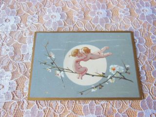 Victorian Christmas Card/marcus Ward/cherubs Kissing In The Moonlight