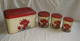 Vintage Metal Breadbox Nesting 3 Piece Canister Set Red Flowers,  W/ Lids.