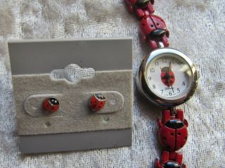 Flexible Geneva Platinum Japan Movement Ladybug Quartz Watch With Stud Earrings