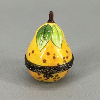 Limoges France Peint Main (hand Painted) Trinket Box Yellow Pear W Great Leaves