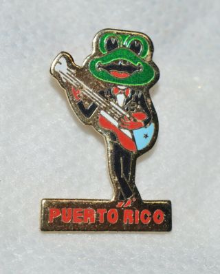 Puerto Rico Singing Frog With Guitar Souvenir Goldtone 1 " Metal Lapel Pin