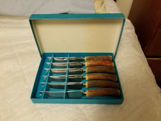 Vintage Birks Stag Antler Steak Knives Sheffield England Set Of 6 Vguc Stainless