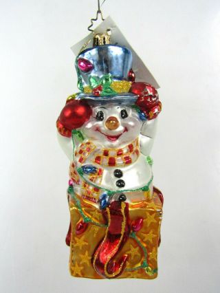 2000 Christopher Radko 4 " Snowman In Blue Hat Glass Christmas Ornament