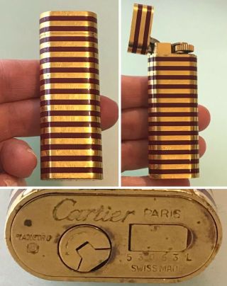 Vintage Cartier Oval Gas Lighter Plaque Or G Gold Plated Maroon Lacquer Stripes