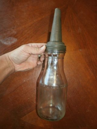 Vintage Antique Quart Glass Oil Bottle W/ Tin Metal Master Pour Spout