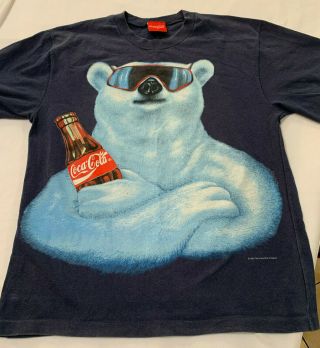 Vintage 90’s Coke Coca Cola Polar Bear Dark Blue T Shirt Tshirt Medium