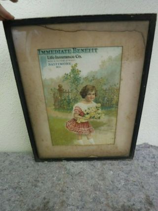 Large Immediate Benefit Life Insurance Co Trade Card In Frame - Baltimore Maryland