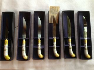 (6) Prill Steak Knives,  Stainless Sheffield England,  Porcelain Yellow Floraine