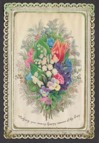 C11228 Victorian Greetings Card: Scrap Flowers On Silk With Paper Lace Border