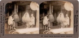 Griffith & Griffith Stereoview Card Chinese Making Raincoats,  Mukden Manchuria