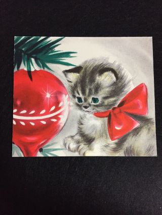 Vintage Greeting Card Kitten With A Red Ornament Hallmark