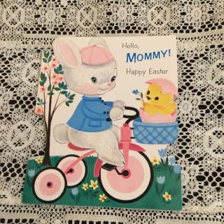 Vintage Greeting Card Easter Bunny Rabbit On Bike Chick Norcross