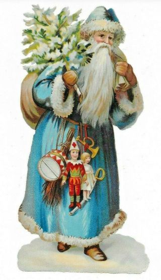 Victorian Antique Die Cut Scrap Large Santa Claus In Blue Ca.  1880s - 1890s