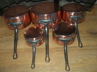 Vintage French Set 5 Villedieu Copper Cuisine Sauce Pan Tin Lined Stamped