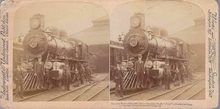 1900 Stereoview Engineer & Conductor Canadian Pacific Railroad Train At Depot