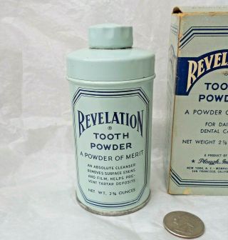 Revelation Tooth Powder,  Vintage,  Net Wgt.  2 5/8 Oz.  Tin Shaker