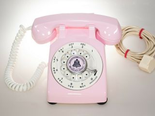 Vintage Rotary Dial Phone In Bright Pink & White Accent Has Twisted Handset Cord