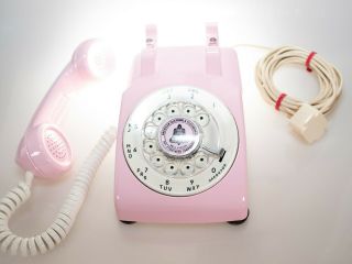 Vintage Rotary Dial Phone in Bright Pink & White Accent Has Twisted Handset Cord 3
