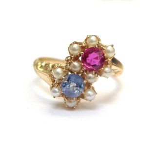 Vintage 18k Yellow Gold Natural Ruby Sapphire And Seed Pearl Ring Size 6.  5