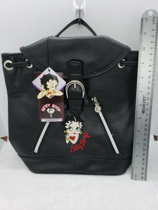 Betty Boop Black Faux Leather Vinyl Purse Embroidered Backpack Vintage American