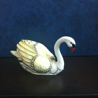 Trinket Box With Swarovski Crystal Jeweled Enamel Bird Swan With Stones Eyes