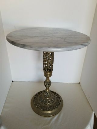 Vintage Marble Top Side Table Stand With Filigree Brass Base Mid - Century