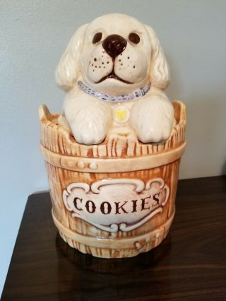 Vintage Treasure Craft 1950s White Puppy Dog Bandit Thief In Barrel Cookie Jar