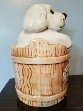 Vintage Treasure Craft 1950s White Puppy Dog Bandit Thief In Barrel Cookie Jar 2