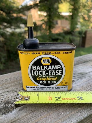 Vintage Napa Balkamp Lock Fluid Handy Oiler 4 Oz Metal Oil Can Gas Sign