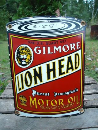 Old Gilmore Lion Head Motor Oil Can Porcelain Enamel Gas Pump Sign