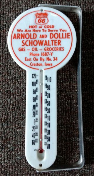 1950s Phillips 66 Die Cut Thermometer Sign.  Creston,  Iowa.  Nos & Nm