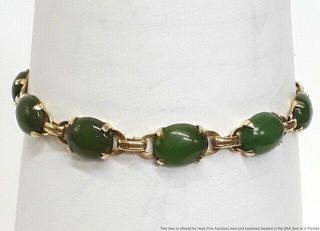Long 14k Yellow Gold Vintage 1940s Natural Green Jade Ladies Bracelet